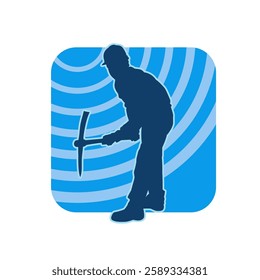 Silhouette of a man in worker costume carrying pick axe tool in action pose. Silhouette of a miner in action pose with pick axe tool.