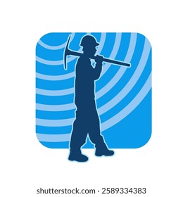 Silhouette of a man in worker costume carrying pick axe tool in action pose. Silhouette of a miner in action pose with pick axe tool.