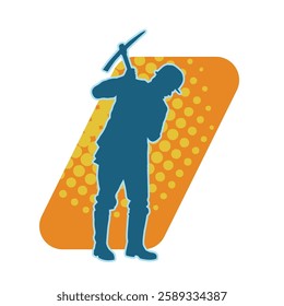 Silhouette of a man in worker costume carrying pick axe tool in action pose. Silhouette of a miner in action pose with pick axe tool.