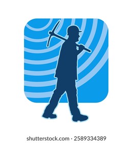 Silhouette of a man in worker costume carrying pick axe tool in action pose. Silhouette of a miner in action pose with pick axe tool.