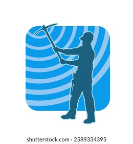 Silhouette of a man in worker costume carrying pick axe tool in action pose. Silhouette of a miner in action pose with pick axe tool.