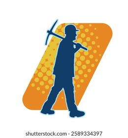 Silhouette of a man in worker costume carrying pick axe tool in action pose. Silhouette of a miner in action pose with pick axe tool.