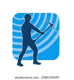 Silhouette of a man in worker costume carrying pick axe tool in action pose. Silhouette of a miner in action pose with pick axe tool.