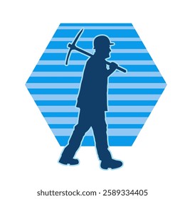 Silhouette of a man in worker costume carrying pick axe tool in action pose. Silhouette of a miner in action pose with pick axe tool.