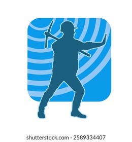 Silhouette of a man in worker costume carrying pick axe tool in action pose. Silhouette of a miner in action pose with pick axe tool.