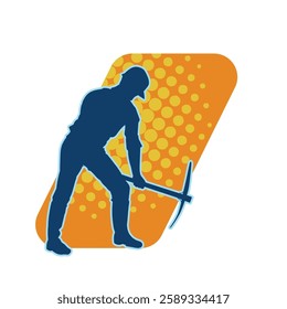 Silhouette of a man in worker costume carrying pick axe tool in action pose. Silhouette of a miner in action pose with pick axe tool.