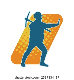 Silhouette of a man in worker costume carrying pick axe tool in action pose. Silhouette of a miner in action pose with pick axe tool.