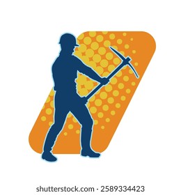 Silhouette of a man in worker costume carrying pick axe tool in action pose. Silhouette of a miner in action pose with pick axe tool.