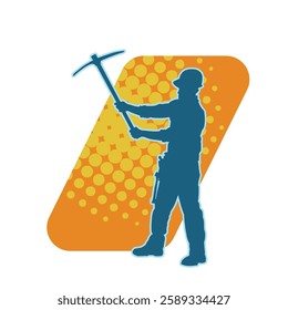 Silhouette of a man in worker costume carrying pick axe tool in action pose. Silhouette of a miner in action pose with pick axe tool.