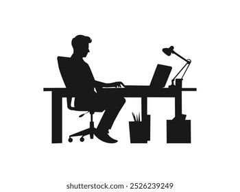 Silhouette of man working at a computer. Black silhouette of a man sitting behind a computer. Business people working on laptop isolated on a white background.