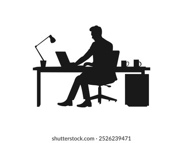 Silhueta do homem trabalhando em um computador. Silhueta preta de um homem sentado atrás de um computador. Empresários trabalhando em laptop isolado em um fundo branco.