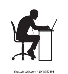 Silhouette of man working at computer. Programmer sitting stooping at laptop. Hand drawn vector illustration isolated on white background.