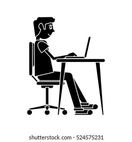 silhouette man working front computer with pc