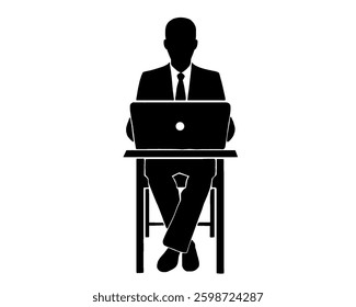 Silhouette of a man working in front of a laptop, icon isolated on white background.