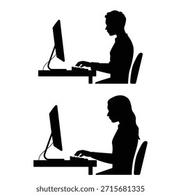 Silhouette of man working on computer at desk in office, Silhouette of woman working on computer at desk in office