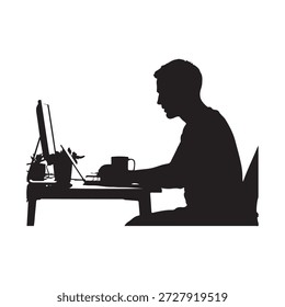 Silueta del hombre que trabaja en la computadora en el escritorio