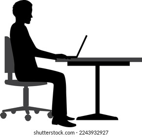 Silhouette of a man working on a laptop. Vector illustration. 