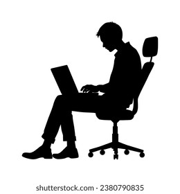 Silhouette of a Man working on laptop, office work, man silhouette sitting computing laptop, silhouette of a man typing at a laptop