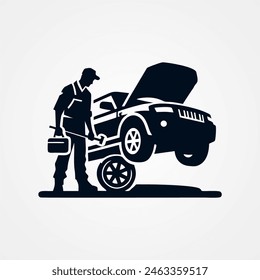 silhouette of a man working on repairing a car, vector logo