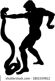 Silhouette of a man wrestling with a big snake. Vector illustration. 