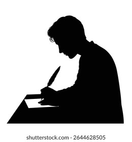 Silhouette man writing with quill pen desk.