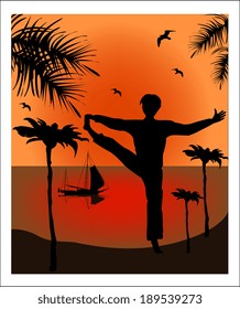 Silhouette of man in yoga pose against a background of a sea landscape