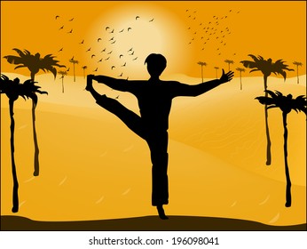 Silhouette of man in yoga pose on the background of the desert