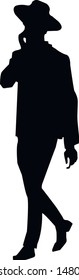 Silhouette of a man. Young Jew. Religious Jews in a traditional costume. Hasid with sidelocks in a long frock coat and hat. Isolated vector illustration. Black on white.