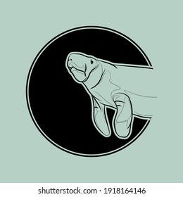 Silhouette of the manatee head in black circle. Vector illustration.