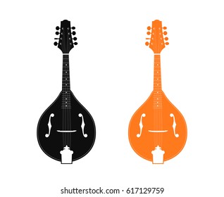 Silhouette of Mandolin in Black and Orange color isolated on white background. Vector illustration of Folk Musical Instrument.
