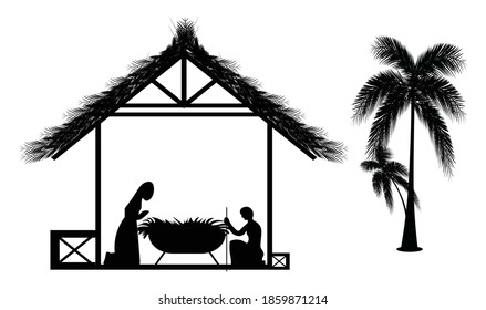 silhouette manger merry Christmas isolated design with palm trees.