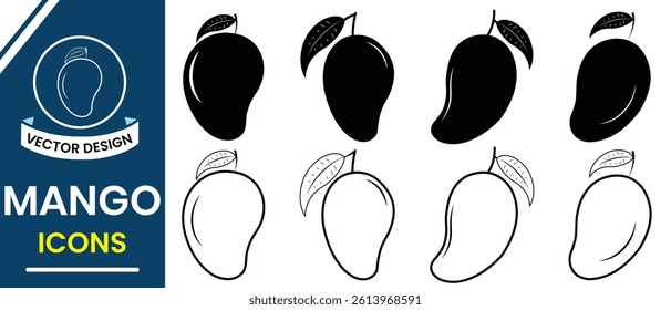 Silhouette of mango vector line art. Mango icon, vector set. King of Fruits design with leaf, mango symbol and sign, leaf vector. Fruits Vector illustration.