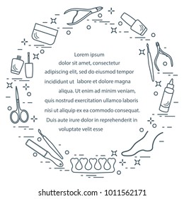 Silhouette of manicure and pedicure tools and products for beauty and care. Design element for postcard, banner, poster or print.