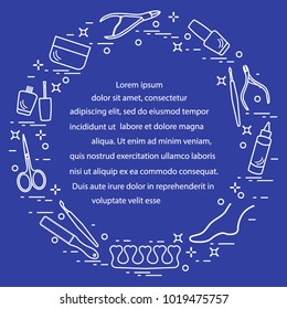 Silhouette of manicure and pedicure tools and products for beauty and care. Design element for postcard, banner, poster or print.