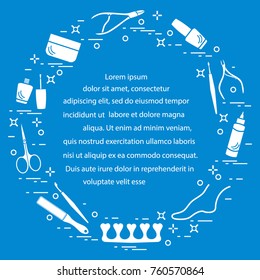 Silhouette of manicure and pedicure tools and products for beauty and care. Design element for postcard, banner, poster or print.