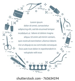 Silhouette of manicure and pedicure tools and products for beauty and care. Design element for postcard, banner, poster or print.