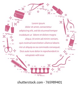 Silhouette of manicure and pedicure tools and products for beauty and care. Design element for postcard, banner, poster or print.