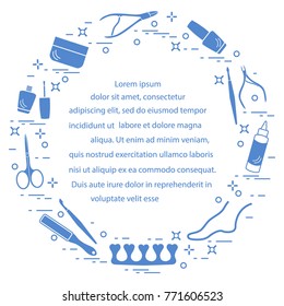 Silhouette of manicure and pedicure tools and products for beauty and care. Design element for postcard, banner, poster or print.