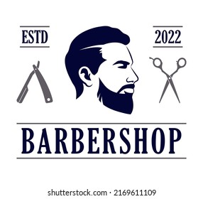 Silhouette of a man's face in profile, scissors, and razor icon. Logo for a barbershop.