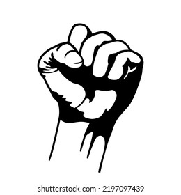 Silhouette of a man's fist raised in a mountain Symbol of freedom, struggle, revolution, unity, strength. Vector isolated background EPS 10.