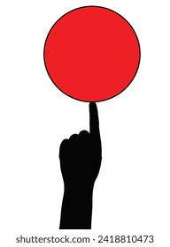 Silhouette of man's hand balancing a red circle or ball on the tip of his index finger