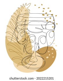 Silhouette of a man's hand with a glass of wine and plant leaves in a modern one line style. Continuous line drawing, outline for home decor, posters, wall art, stickers, logo. Vector illustration.