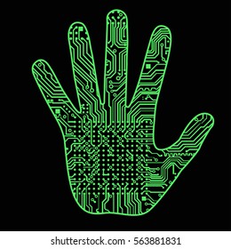 Silhouette of a man's hand with a high-tech computer circuit board pattern It can illustrate scientific ideas related to artificial intelligence, artificial neural networks,  development of technology
