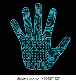 Silhouette of a man's hand with a high-tech computer circuit board pattern It can illustrate scientific ideas related to artificial intelligence, artificial neural networks, development of technology