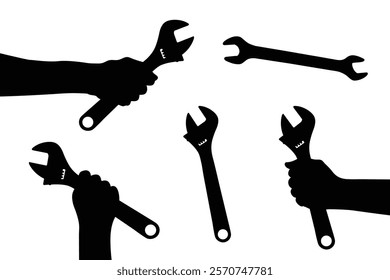 A silhouette of man's hand is holding a mechanic's tool called an adjustable wrench for use in mechanic work vector icon illustration isolated on white background. Realistic adjustable spanner logo.