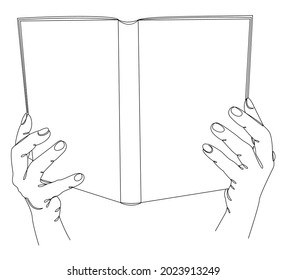 Silhouette of a man's hands with a book in a modern one line style. Continuous line drawing, outline for home decor, posters, wall art, stickers, logo. Vector illustration.