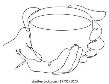 Silhouette of man's hands with a cup of coffee, tea in a modern one line style. Solid line, aesthetic outline for decor, posters, stickers, logo. Vector illustration.