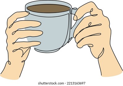 Silhouette of man's hands with a cup of coffee, tea in a modern one line style. Solid line, aesthetic outline for decor, posters, stickers, logo. Vector illustration.