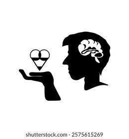 A silhouette of a man's head, with a brain, gazing at a heart made of circles and triangles—representing the concepts of the brain and mind, individual perspectives, psychology, logic, and emotions