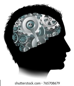 Silhouette of a mans head with a brain made up of gears or cogs workings machine parts